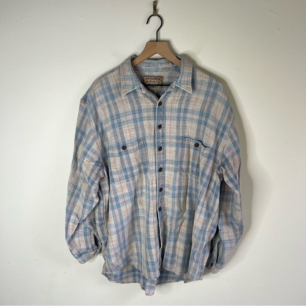 Vintage Abercrombie & Fitch Light Blue Pink Plaid Shirt Jacket size XL Cotton